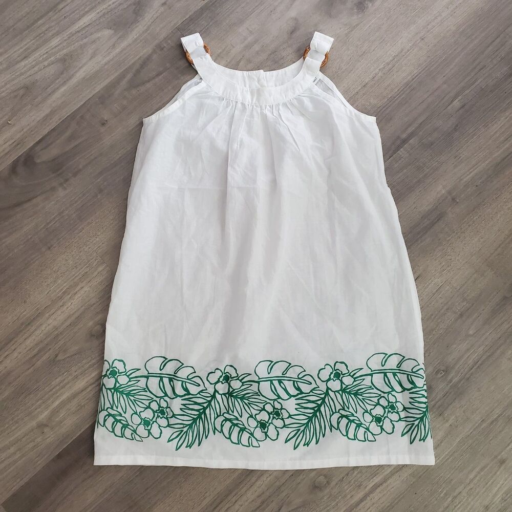 Janie And Jack Girls Sz 6 White Cotton Dress Tropical Leaf Pattern NWOT